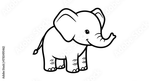 Cute cartoon baby elephant playing with a butterfly in a simple line drawing style