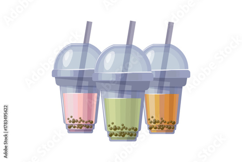 Vibrant vector illustration of bubble tea in disposable cups, featuring chewy tapioca pearls. Perfect for beverage branding, cafe themes, or food related designs. Bright colors and a modern aesthetic