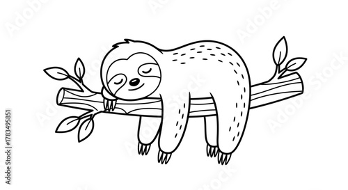 Cute cartoon sloth sleeping peacefully on a tree branch with leaves