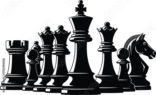 Illustration of black chess pieces on a, ready for a strategic game