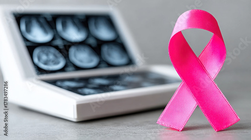 Breast cancer awareness pink ribbon standing near mammogram images on gray surface symbolizing support and early detection importance