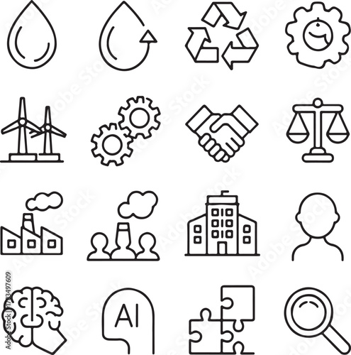 Set of outline icons representing various concepts and modern industries