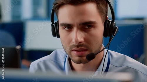 Close-up shot of a man wearing a headset with a focused expression, seemingly engaged in a customer service or support role Stock Video