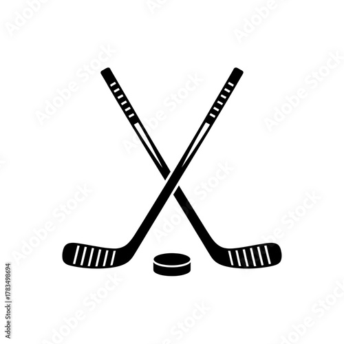 Ice hockey sticks and puck crossed icon for winter sport theme