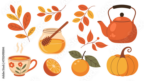 Cozy autumn harvest collection with tea, honey, pumpkin, and leaves