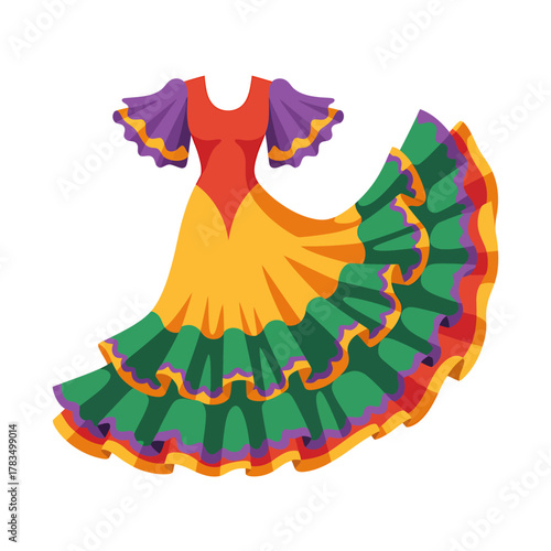 Vibrant traditional spanish flamenco dance dress with ruffles