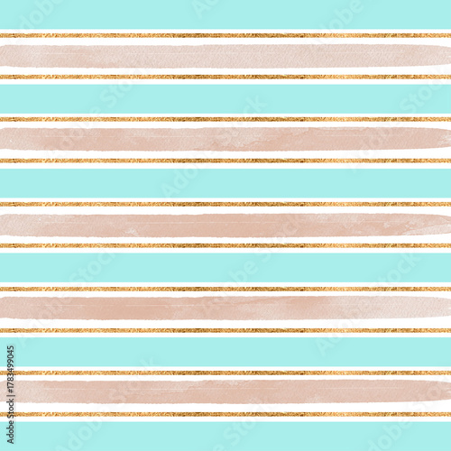 Aqua blue and tan watercolor stripes with gold glitter accents beige brown