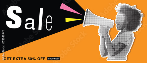 Retro Collage Sale Banner. Cutout Paper Shape of Black Woman Announcing Sale Offers Through a Megaphone on Orange Background. Screaming into the Megaphone. Vector Vintage Poster.