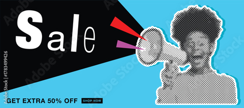 Retro Collage Sale Banner. Cutout Paper Shape of Black Woman Announcing Sale Offers Through a Megaphone on Blue Background. Screaming into the Megaphone. Vector Vintage Poster.