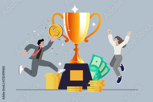 A happy business team celebrates financial success by winning a giant trophy. This victory concept illustrates a profitable award and teamwork achievement.
