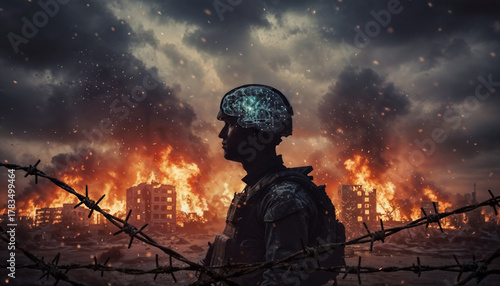 Soldier facing psychological warfare apocalypse with burning landscape symbolizing mental manipulation information control and cognitive combat reality