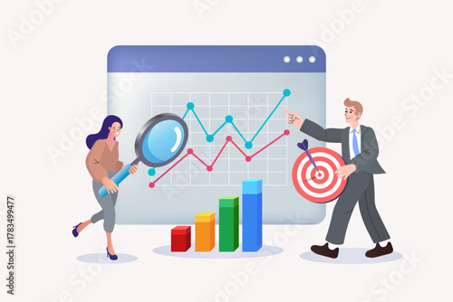 Business team collaborates on market analysis. A woman inspects growth charts with a magnifying glass, while a man sets goals with a target, symbolizing strategic planning and financial success.