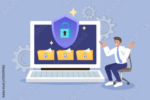 A data protection system guarantees privacy for a happy businessman with secure files. This cybersecurity concept shows antivirus software protecting documents on a laptop with a shield and lock.