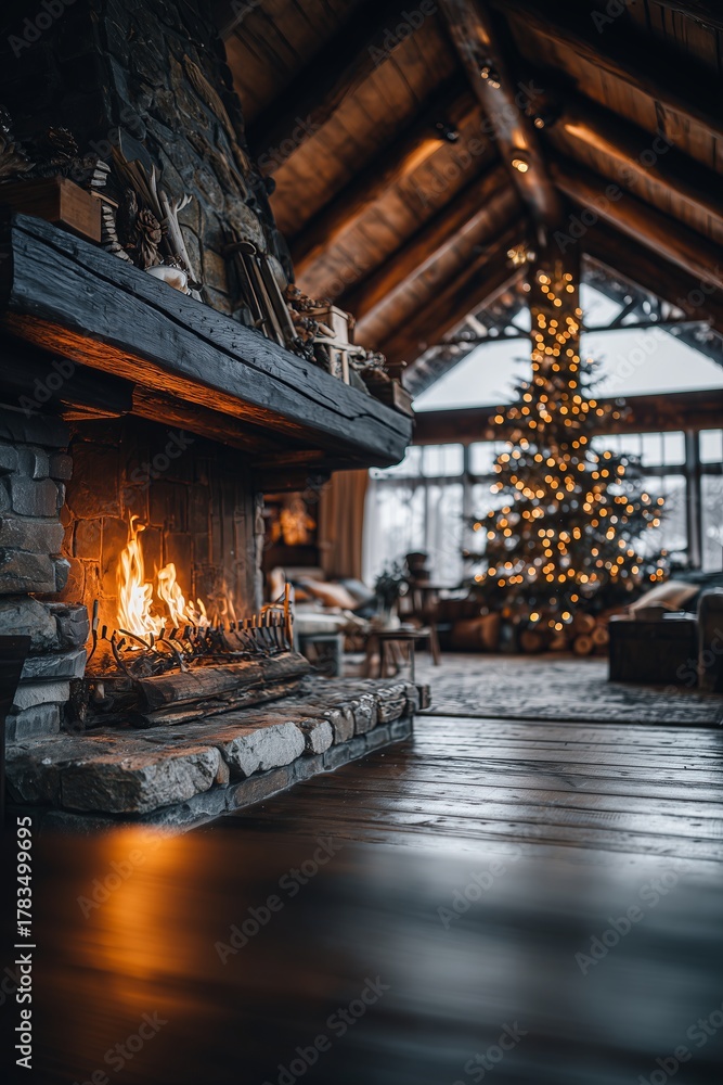 Naklejka premium Cozy wooden cabin living room with roaring stone fireplace and bokeh-lit Christmas tree in warm glow. Rustic holiday hearth comfort, inviting festive winter sanctuary vibe.