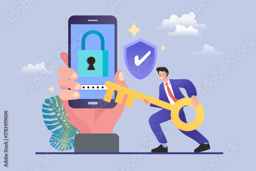 A happy businessman holds the key to digital privacy in this cybersecurity concept. He unlocks a smartphone with secure password and shield lock, symbolizing successful authentication and data access.