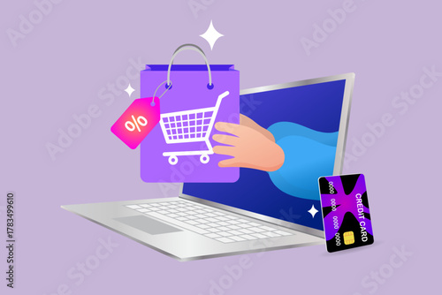 This e-commerce concept shows a successful online shopping transaction on a laptop. A hand holds a shopping bag with a discount tag after a digital payment is made with a credit card.