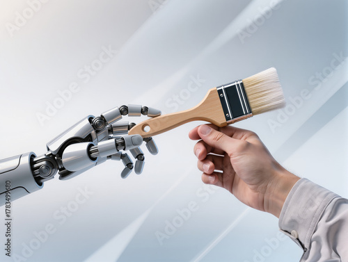 Human Hand Painting Robo Hand: Creative Collaboration Between Man and Machine.A human hand uses a paintbrush to color a futuristic robotic hand, symbolizing collaboration between people and technology