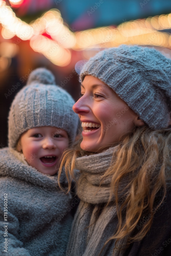 Obraz premium Laughing mother holds her smiling child in winter clothes under glowing Christmas lights and falling snow. Family joy, warmth, and bonding during the holiday season.