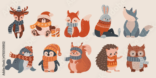Set of woodland creatures wearing knitwear. Flat design style. Includes hedgehog, deer, wolf, and hare. Charming winter illustration. Vector. Perfect for seasonal greetings and kids decor