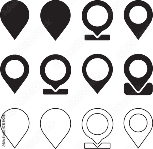 Assortment of black and outline map pin location marker icons on white background Keywords: icon, map