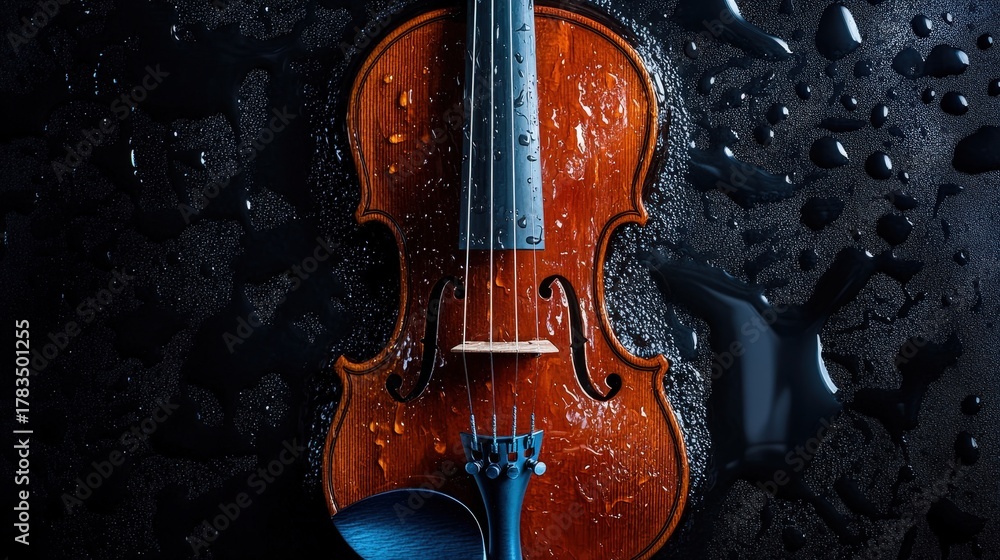 Naklejka premium A beautifully crafted violin adorned with water droplets, placed on a dark surface, creating a mesmerizing contrast that enhances the instrument's intricate details and craftsmanship.
