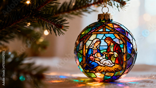 Stained glass with Christmas ornament depicting a nativity scene hangs from a Christmas tree, illuminated by soft lights, creating a warm and festive atmosphere during the holiday season