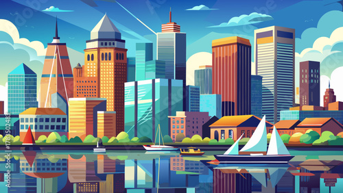 Very beautiful view of Boston, Massachusetts, USA, featuring Boston Harbor and the Financial District, with waterfront reflections, modern skyscrapers, historic buildings, and a realistic vibrant urba