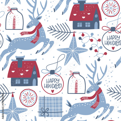 Christmas pattern with reindeer houses stars and holiday ornaments image