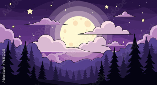Serene cartoon illustration of a magical night sky with a large full moon, purple clouds, and a tranquil forest landscape