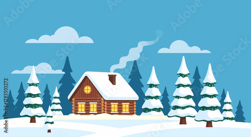 Cozy snow-covered wooden cabin nestled in a serene winter forest. Evergreen trees, smoke from chimney, bright blue sky make a picturesque holiday scene