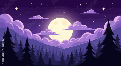 Enchanting moonlit nightscape a radiant full moon ascends over a serene mountain forest, illuminating soft purple clouds and stars for a peaceful, magical vista