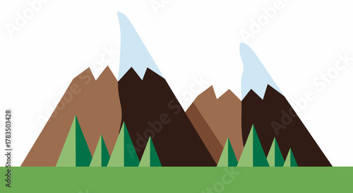 Illustration of a mountain range with snow-capped peaks and evergreen trees in the foreground against a white background