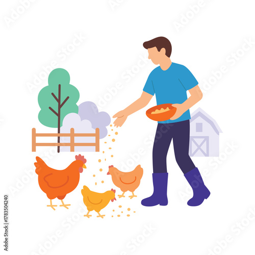 Feeding Chickens, giving grains and water to poultry
