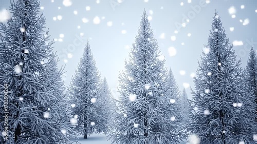 Snow Covered Pine Trees in a Winter Landscape with Falling Snowflakes