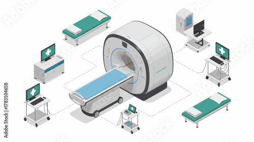 Modern isometric medical equipment layout featuring MRI machines, hospital beds, and healthcare devices, ideal for medical illustration, digital design, healthcare infographics, and professional hospi