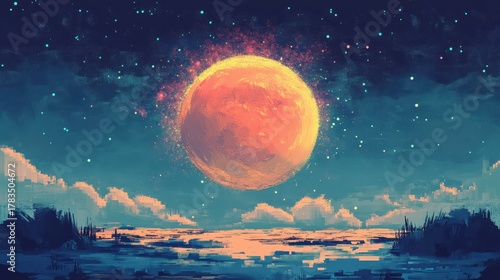 Artistic rendering of an orange planet over a water landscape