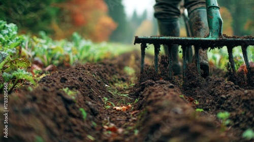 Medium shot focusing on mixed soil as a farmer uses a cultivator blending moist and dry patches to optimize soil conditions.