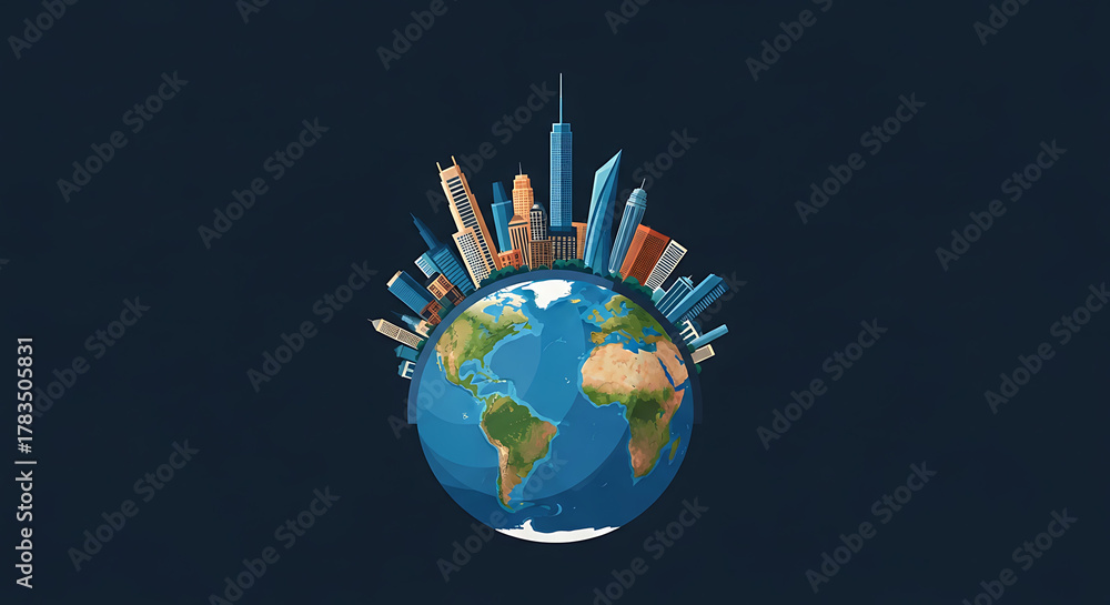 Naklejka premium A stylized illustration of a globe surrounded by various city skyscrapers, representing global urban development.