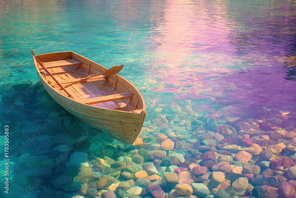 Obraz premium A tranquil wooden rowboat floats serenely on a crystal-clear lake, showcasing vibrant, multicolored rocks at the lakebed.