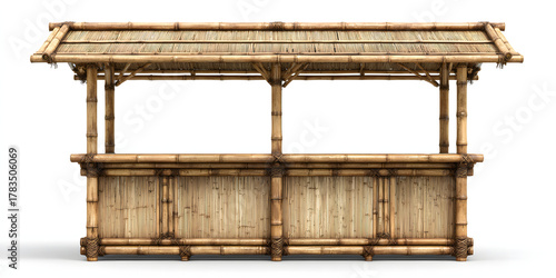 Bamboo tiki bar with roof, photographed from the front, hyper-realistic, professional lighting, white background.