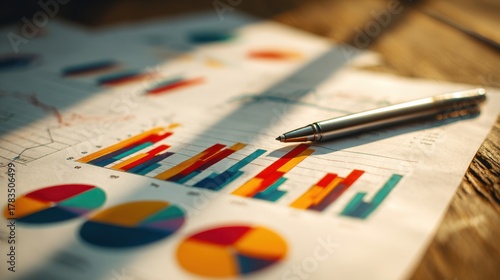 Colorful Business Charts and Graphs on Paper with Pen in Warm Office Setting