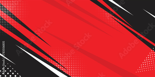 Dynamic red and black abstract background with sharp diagonal lines and halftone dots pattern. Modern sporty design suitable for banners, posters, racing themes, and energetic digital presentations.