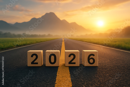 Wooden blocks displaying the year 2026 placed on a long straight asphalt road leading towards a mountain range at sunrise symbolizing future journey and goals