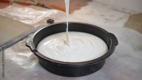 Fresh paint being poured into a black bowl. The image highlights the texture and color of the liquid substance Stock Video