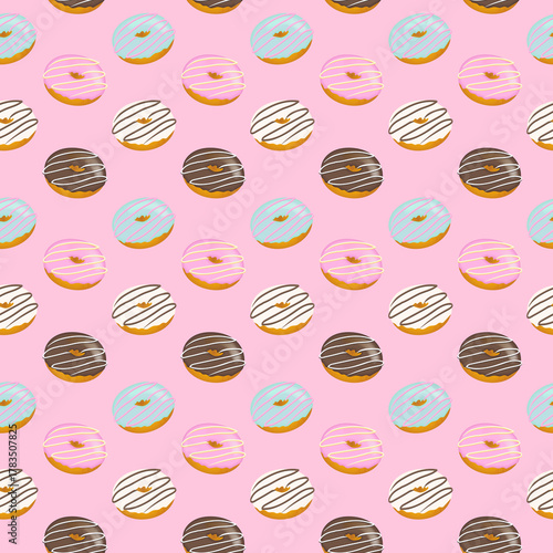 Pink blue and brown iced donuts in a repeating pattern food sweet
