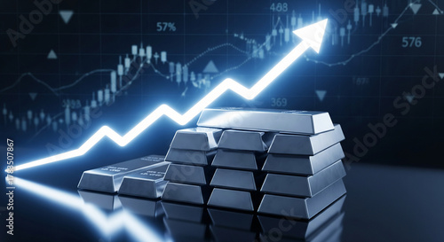 Stunning silver bars stacked high with a dynamic upward trending arrow and financial chart symbolizing investment growth and market success