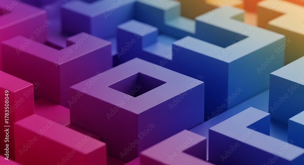 Fototapeta premium Abstract 3D Hollow Cube Structure with Vibrant Gradient Lighting Modern Geometric Design Contemporary Art Conceptual Background Visual Puzzle Architectural Pattern