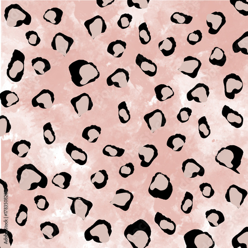 Pink watercolor background with black and beige leopard spots pattern leopard print animal print