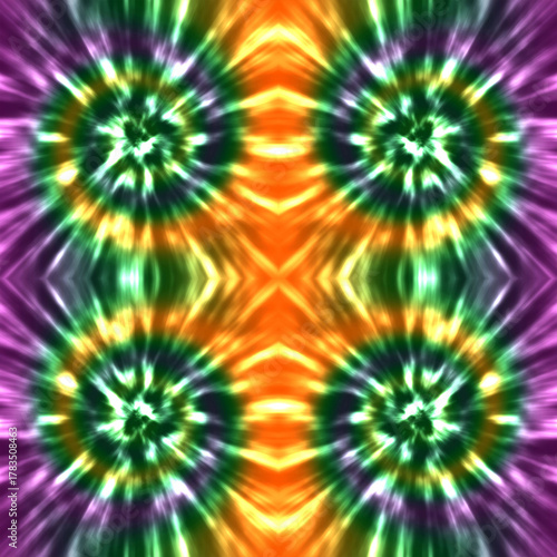 Psychedelic tie dye pattern with green yellow purple orange swirls abstract