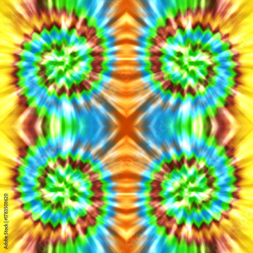 Psychedelic tie dye pattern with yellow blue green and brown swirls abstract background
